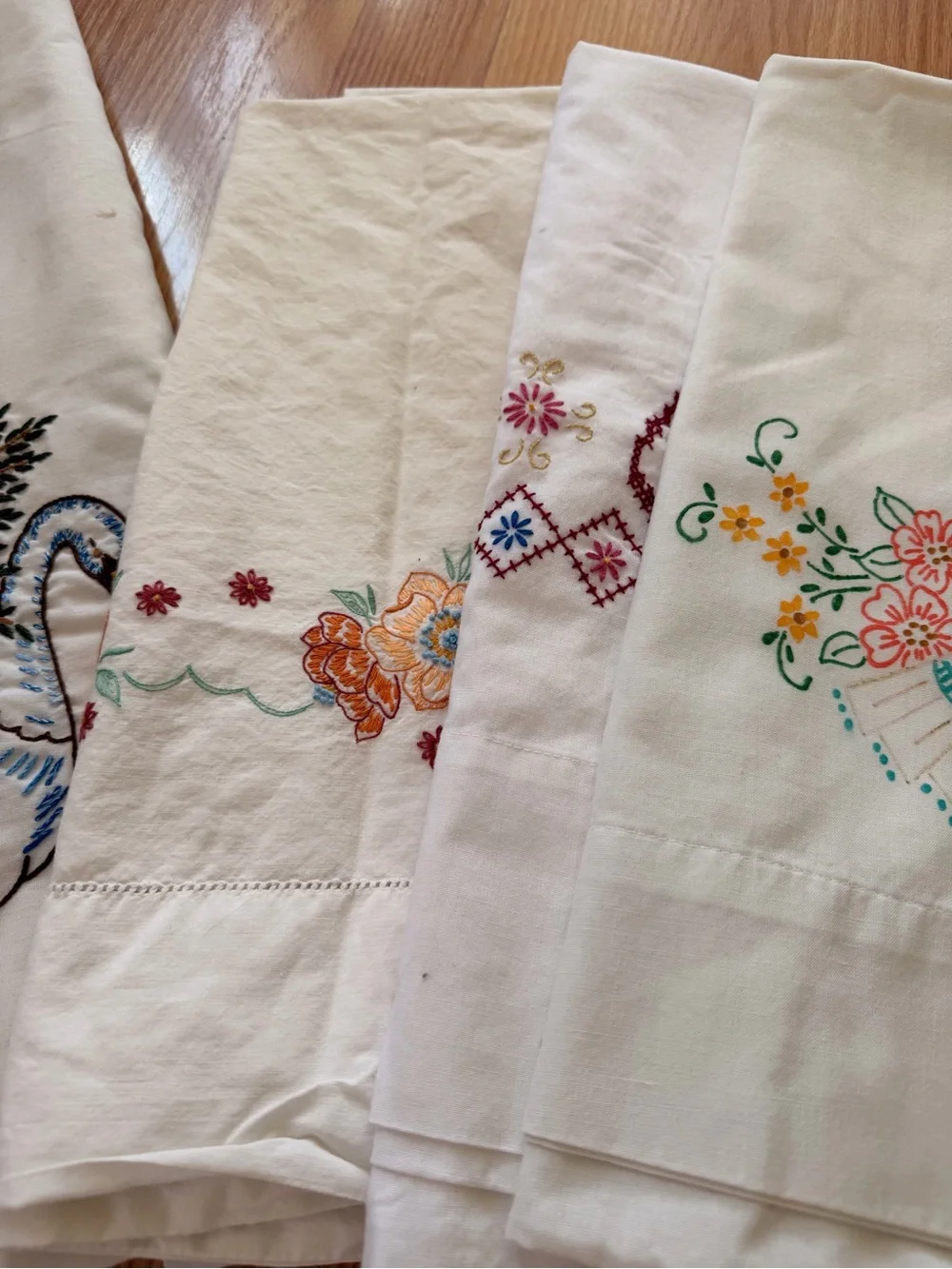 Vintage Embroidered Floral Pillowcases- White-set of 8